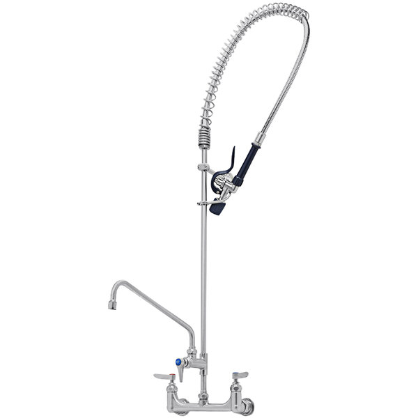 An Eversteel stainless steel wall mount pre-rinse faucet with a hose.