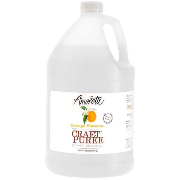 A jug of Amoretti Orange Blossom Craft Puree with a label.