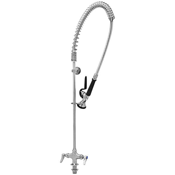 A stainless steel Eversteel deck mount pre-rinse faucet with a black handle.