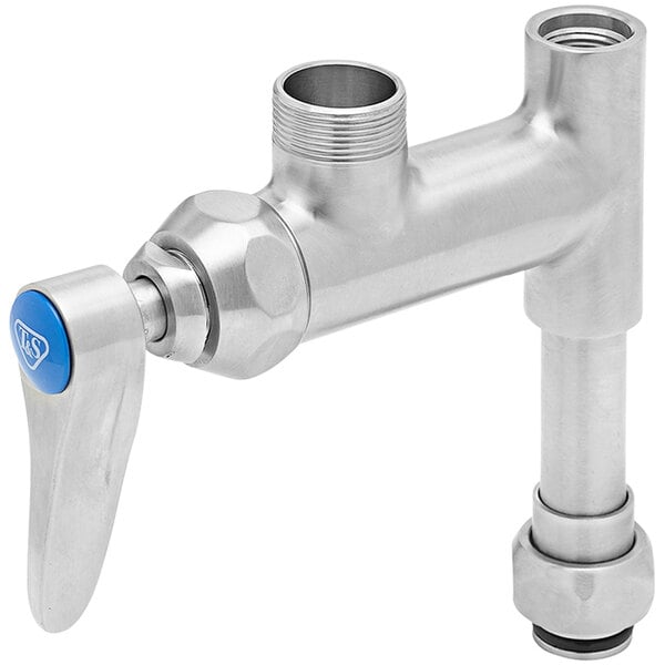 An Eversteel stainless steel faucet with a blue lever handle.
