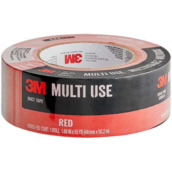 A roll of 3M red multi-use duct tape with black text on the label.