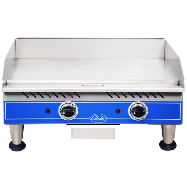 A Globe electric countertop griddle with a blue top.
