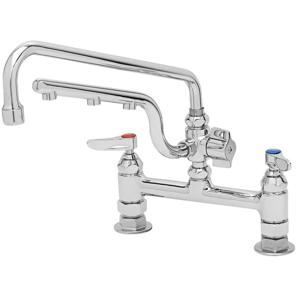 A chrome T&S deck-mount faucet with two handles and a 12" swing nozzle.