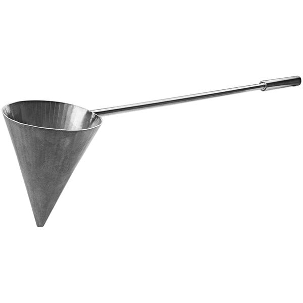 A stainless steel Mibrasa Flambadou funnel with a long handle.