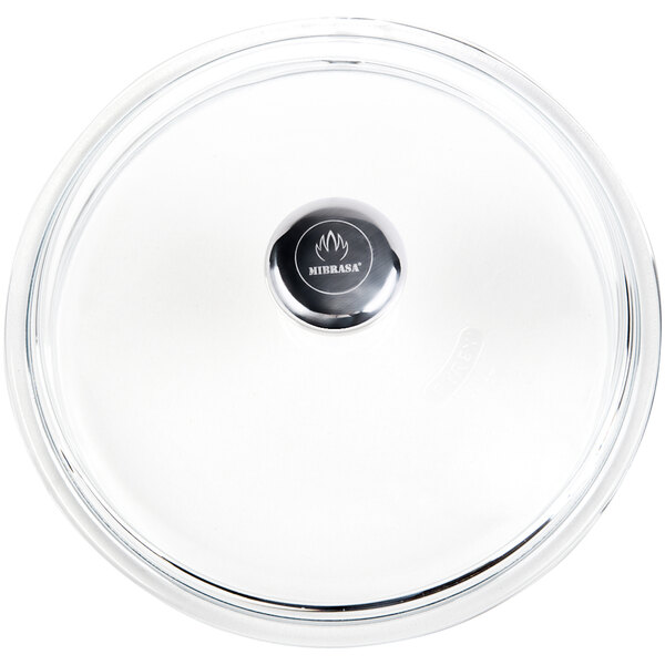 A Mibrasa round glass lid with a silver metal knob.