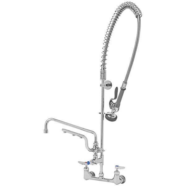 A T&S wall mount pre-rinse faucet with a hose and sprayer.
