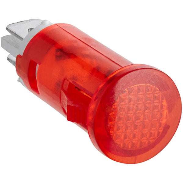 A red indicator light with a silver metal base.