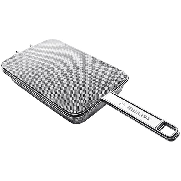 A stainless steel double grill basket with handles.