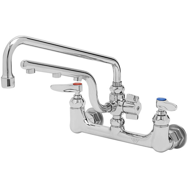 A T&S chrome wall mount faucet with two handles.