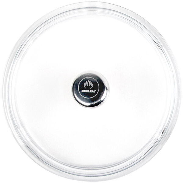 A Mibrasa round glass lid with a metal handle.