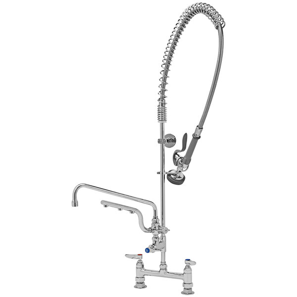 A T&S Ultrarinse deck mount pre-rinse faucet with a 12" swing nozzle and 10" sprayer arm.