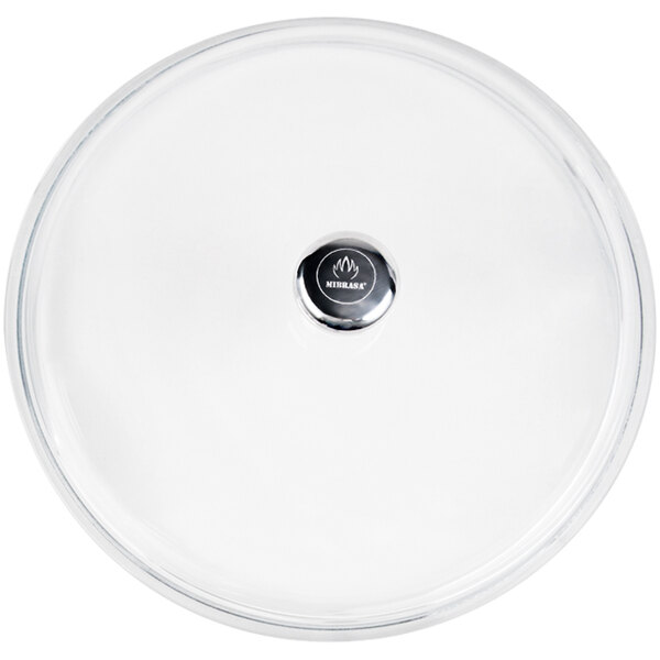 A round clear glass lid with a silver aluminum handle and logo.