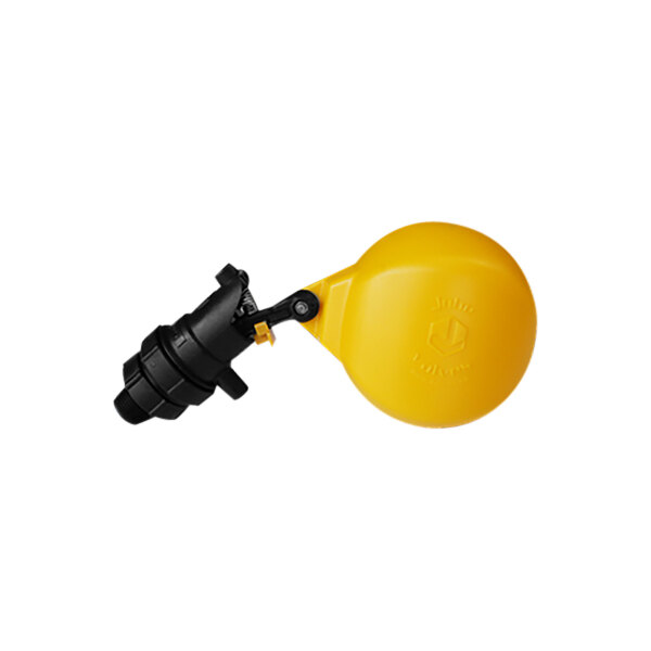 A yellow plastic ball with a black rubber cap and black hose connector.