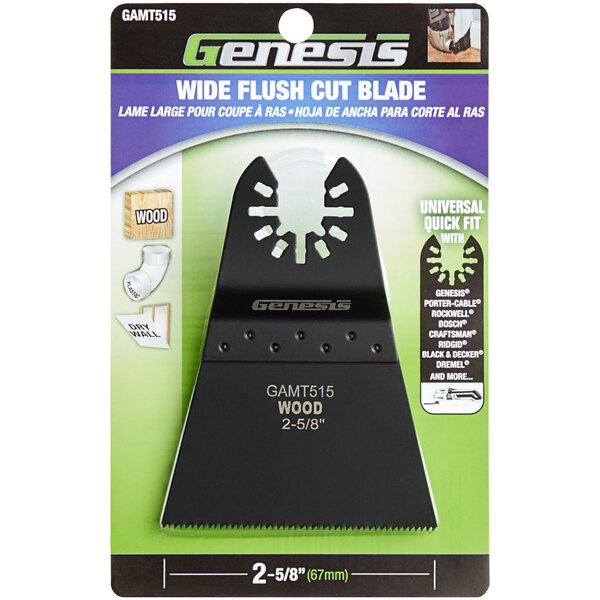 A black and green box with a black and silver circular blade labeled "Genesis 2 5/8" Universal Quick-Fit Wide Flush Cut Blade"