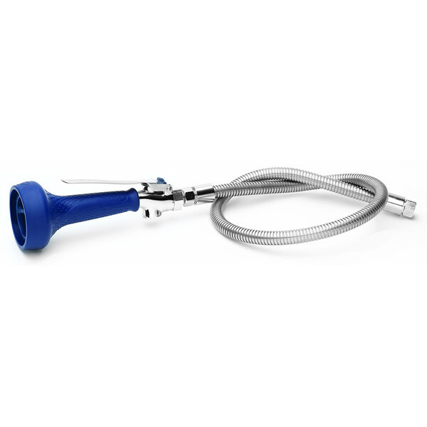 A flexible stainless steel hose with a blue handle.
