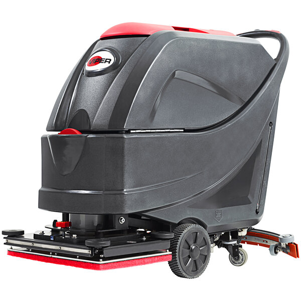 A Viper cordless walk behind orbital floor scrubber with red and black wheels.