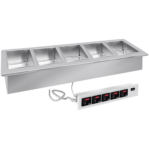 A silver rectangular LTI drop-in hot food well with five compartments.