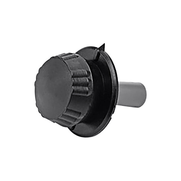 A close-up of a black plastic knob with a grey handle.