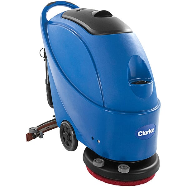 A blue Clarke walk behind floor scrubber with wheels and a red handle.