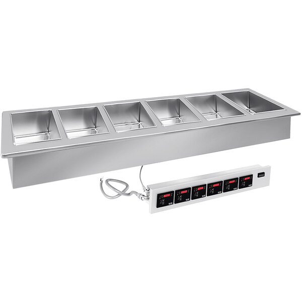 A silver rectangular LTI ThermalWell 6 well drop-in hot food well with a cord attached to it.
