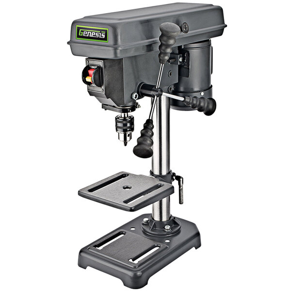 A black and silver Genesis 8" drill press with a stand.