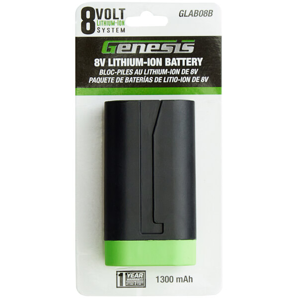 The black and green package with a black rectangle inside labeled "Genesis 8V, 1.3Ah Lithium Ion Battery"