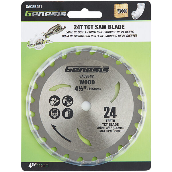A package for a Genesis 4 1/2" tungsten carbide-tipped wood cutting saw blade with text on it.