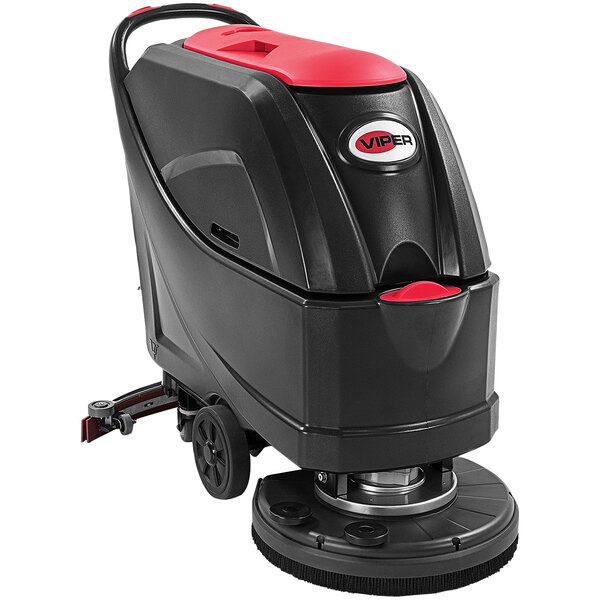 A black and red Viper walk behind floor scrubber with wheels.