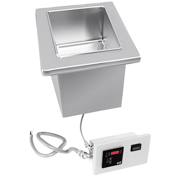 A silver rectangular LTI ThermalWell with a cord attached to it.