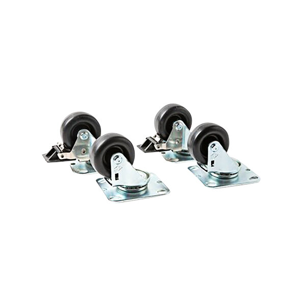 A group of Portacool metal casters with black wheels.