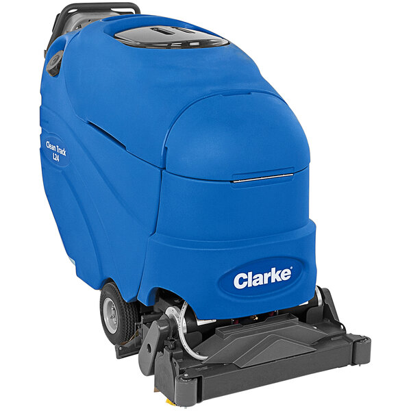 A close-up of a blue Clarke Clean Track L24 carpet extractor with wheels.