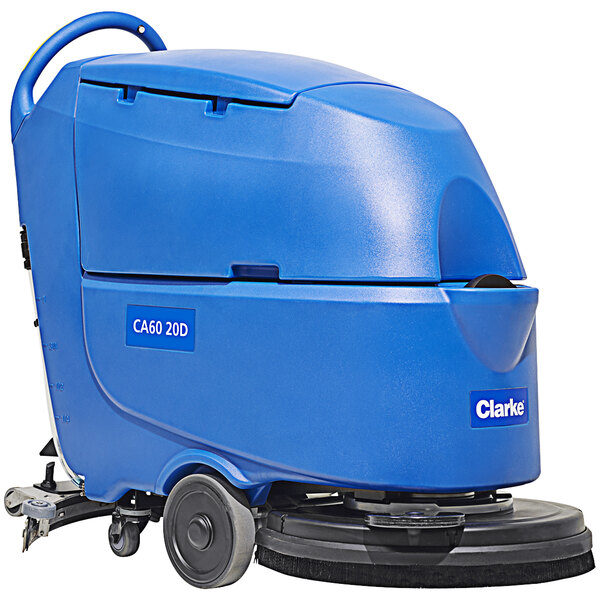 A blue Clarke walk behind floor scrubber machine with wheels.