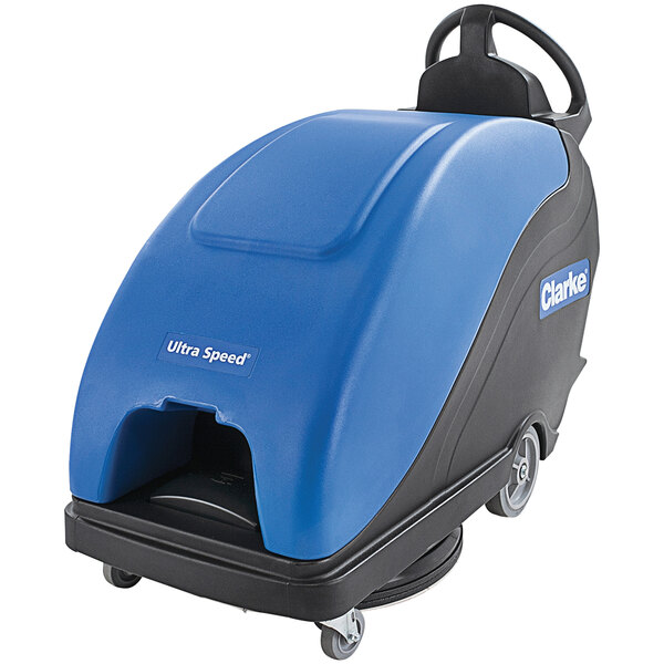 A blue and black Clarke Ultra Speed cordless floor burnisher with wheels.