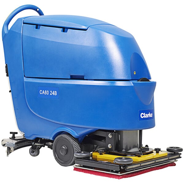 A blue and yellow Clarke CA60 BOOST20 walk behind floor scrubber with wheels.