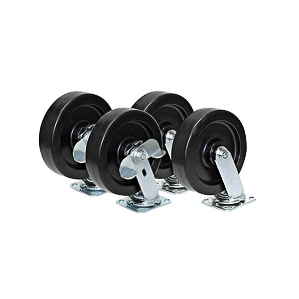 A row of three black Portacool caster wheels.