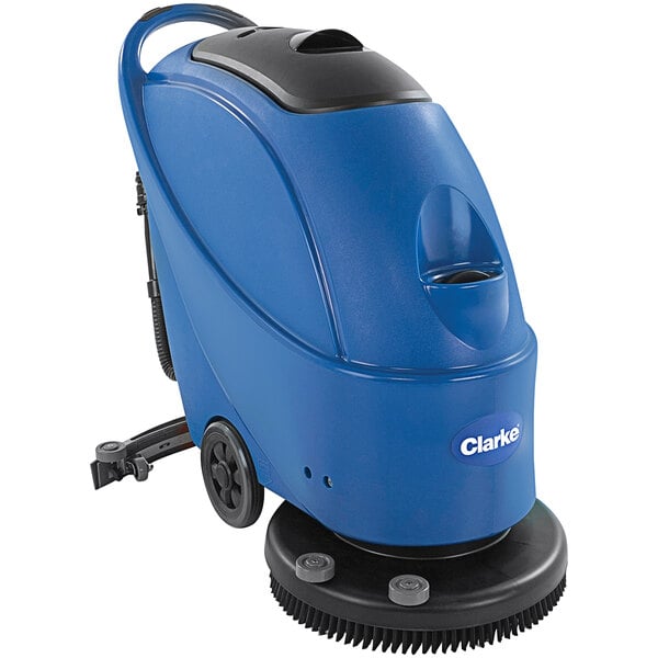 A blue Clarke walk behind floor scrubber with black wheels.