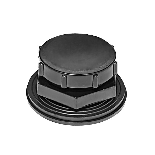 A close-up of a black plastic Portacool drain/water fill cap with a black cap.