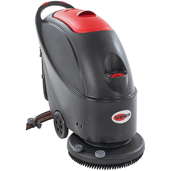 A black and red Viper walk behind floor scrubber machine with wheels.