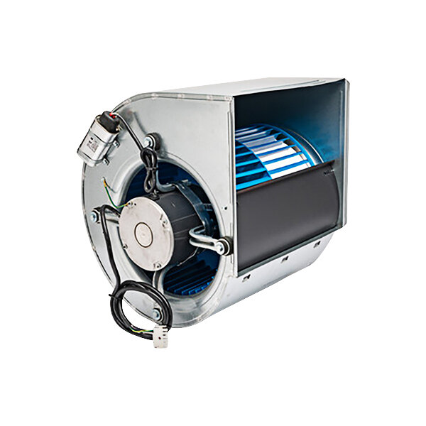 A metal Portacool Jetstream 230 fan with wires and a blue circular vent.