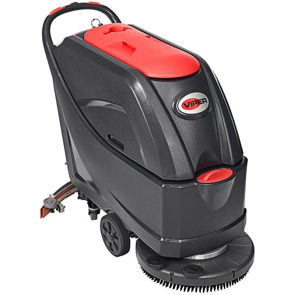 A black and red Viper walk behind floor scrubber with wheels.