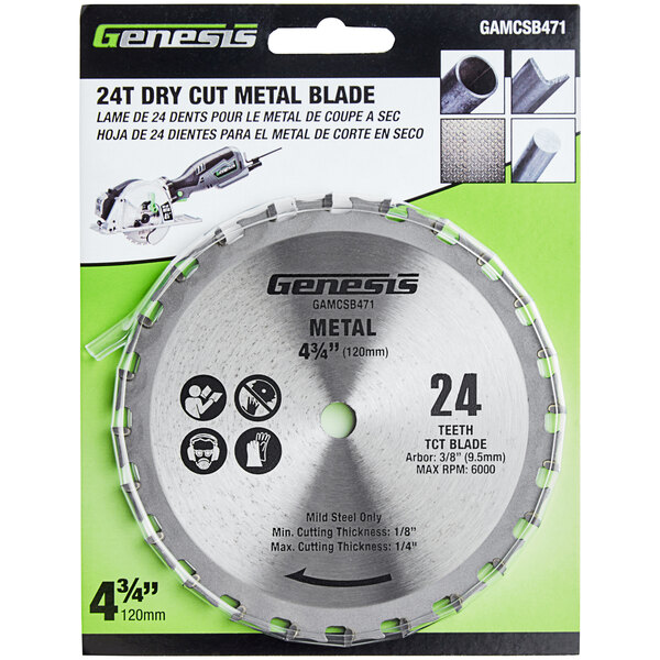 A package of Genesis 4 3/4" metal dry cut saw blades with text on it.