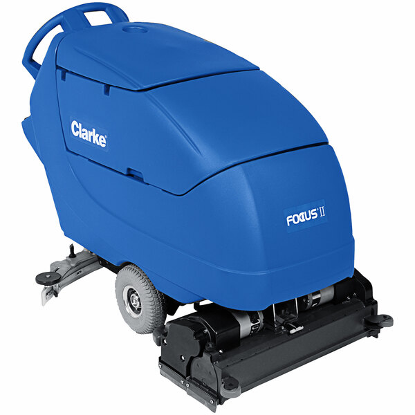 A blue Clarke Focus II AGM cordless walk behind cylindrical floor scrubber with wheels.
