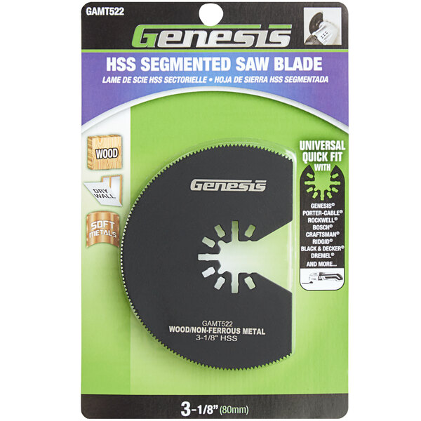 A package containing a Genesis HSS segmented saw blade with a logo.