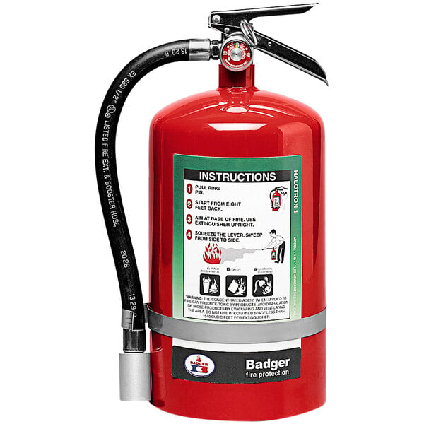 A red Badger fire extinguisher with wall hook.