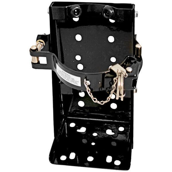 A black metal Badger fire extinguisher box bracket with a chain.