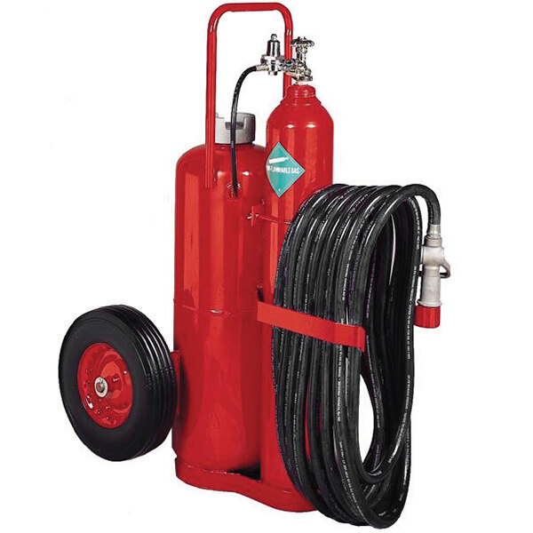 A red Badger fire extinguisher with a black hose and rubber wheels.