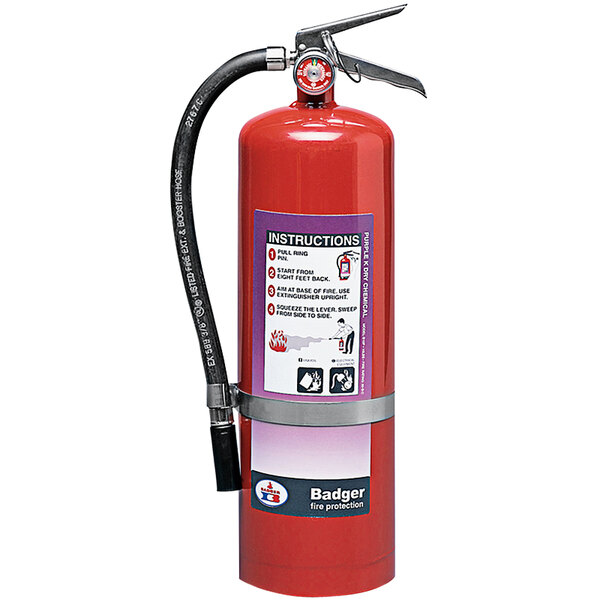 A Badger Purple K dry chemical fire extinguisher with wall hook.