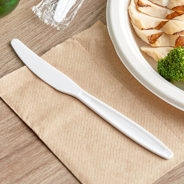 A white Visions heavy weight plastic knife on a napkin next to a plate of food.