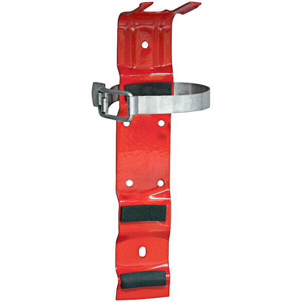 A red metal Badger vehicle bracket with a black strap and silver metal handle.