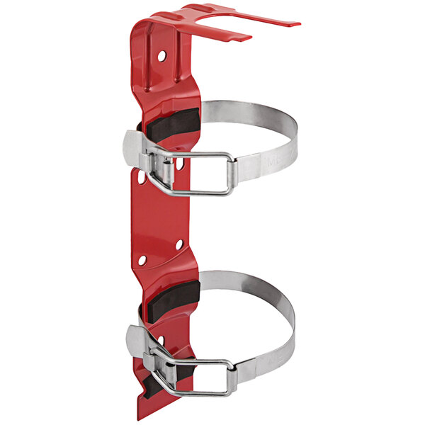 A red and silver metal Badger double strap vehicle bracket for fire extinguishers with two hooks.